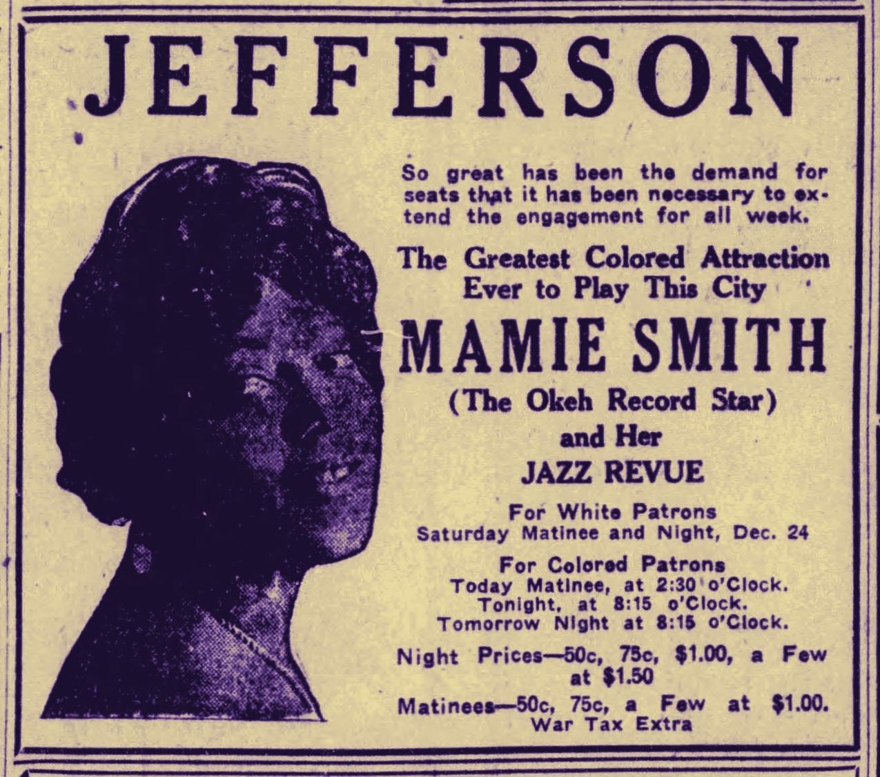 Mamie Smith 1921 Jefferson Theatre advertisement